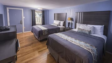 Desk, laptop workspace, blackout curtains, free WiFi