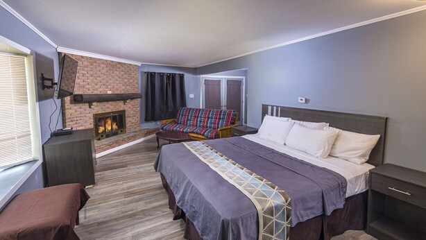 A bedroom with a large bed, a sofa, a fireplace, and a TV mounted on the wall. - Sunrise Inn Hershey (Hershey)