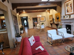 Smart TV, fireplace, DVD player, books