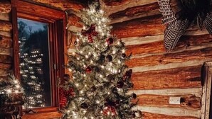 Ein rustikales Blockhaus im Inneren mit geschmücktem Weihnachtsbaum, Holzwänden und einem Fenster mit Blick auf die Stadt.