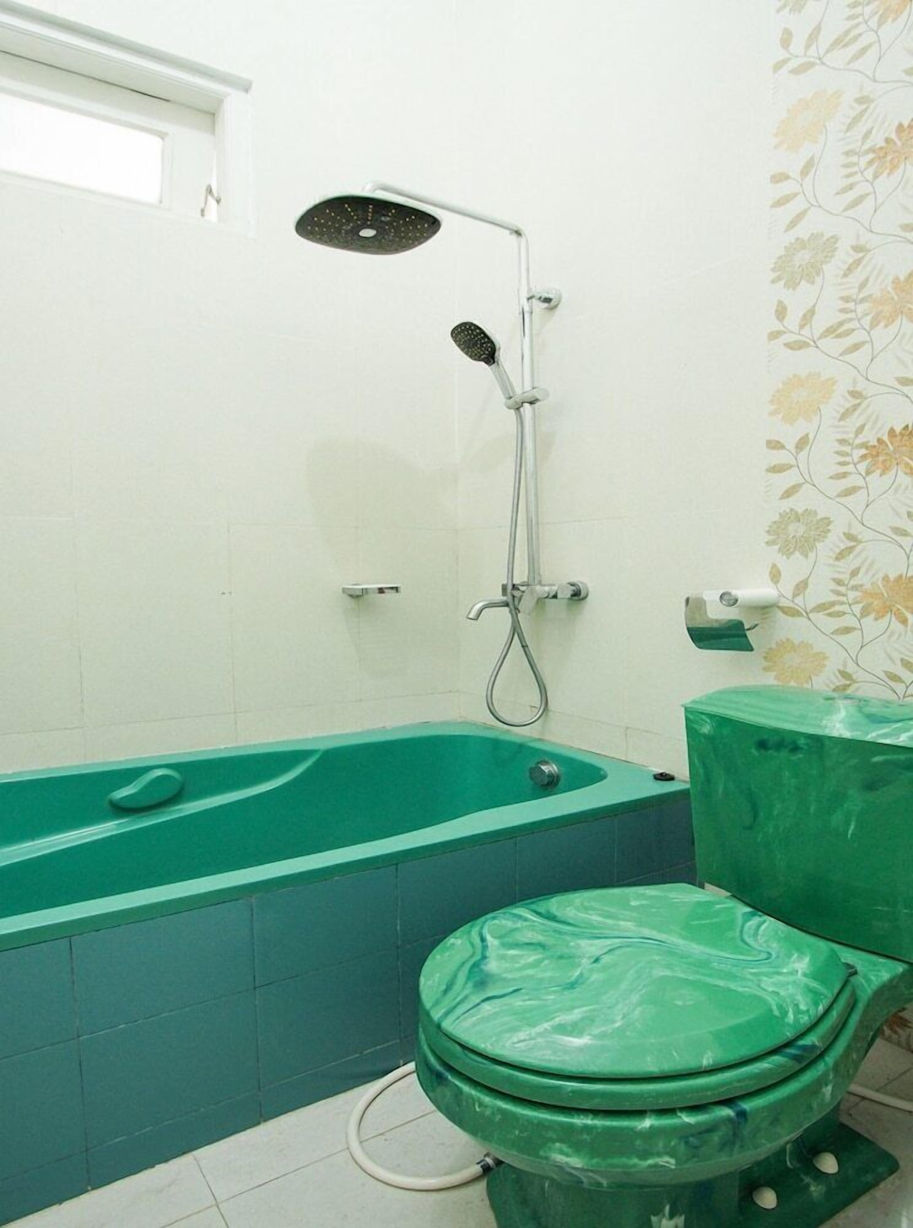 A bathroom with a green bathtub, a green toilet, and a showerhead.