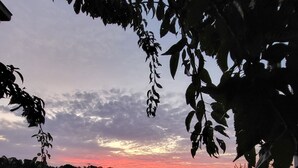 A sunset view from a paved area with a white fence in the background. - Country Luxury. Delux Queen Bed, Full Bathroom. Private Unit. Massage chair. (Scarsdale)