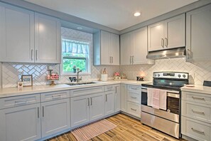 Fridge, microwave, stovetop, high chair
