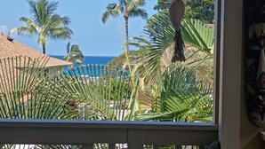 Une vue d’un complexe hôtelier en bord de mer, avec des palmiers, une piscine et un ciel bleu azur.