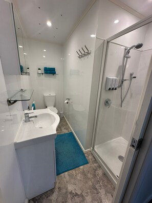 Shower, hair dryer, towels, soap