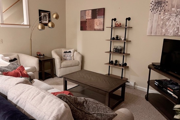 Comfortable New Decor in Living Room Equipped w Smart TV and Deck