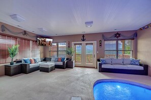 TV, fireplace, video games, table football