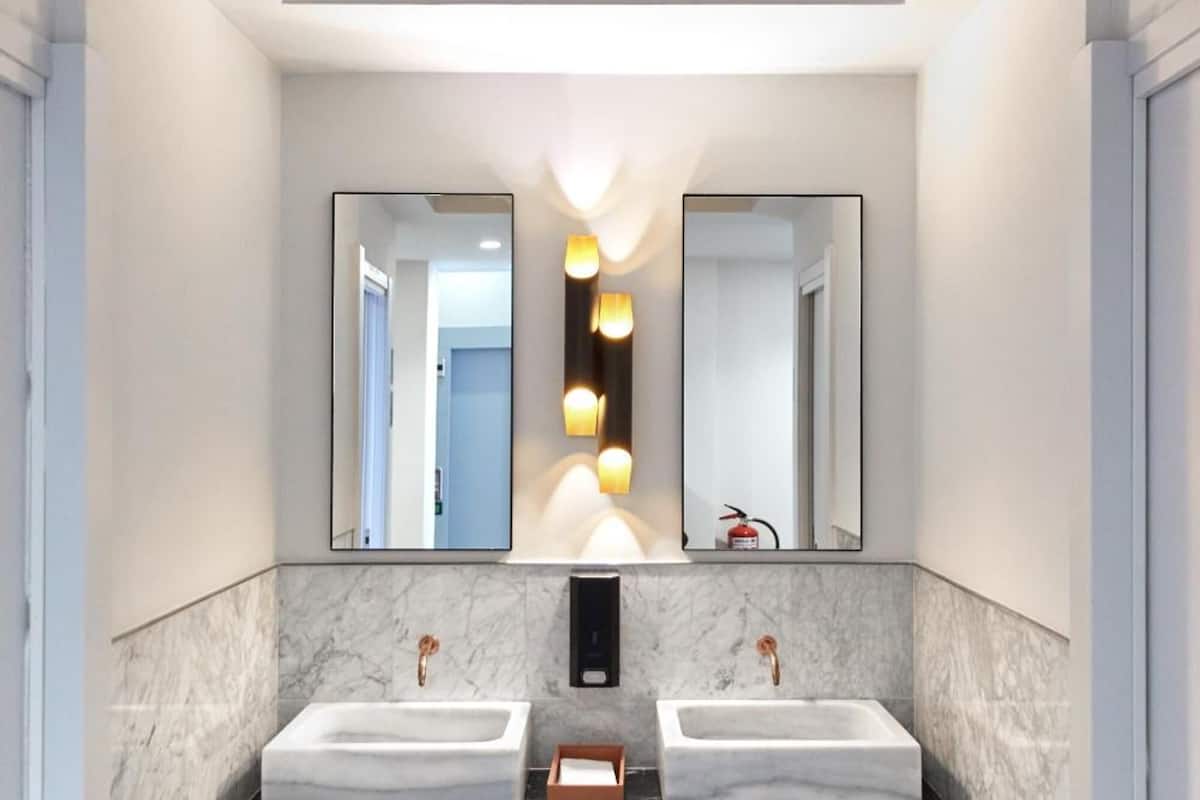 hair dryer, bidet, towels