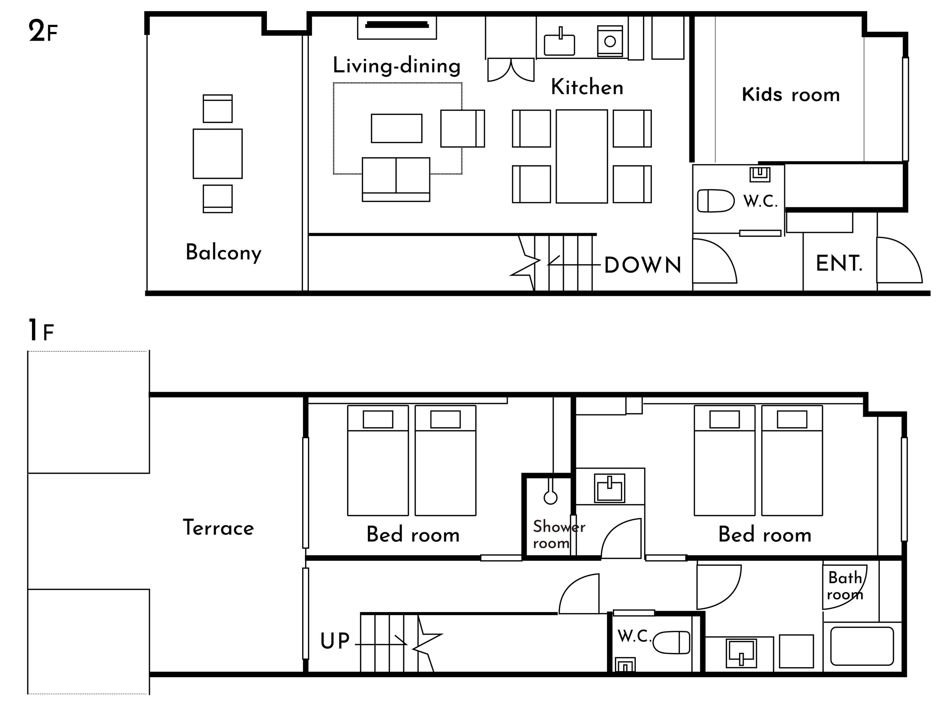 Plano de planta que muestra un balcón, sala-comedor, cocina, habitación infantil, aseo y baño.