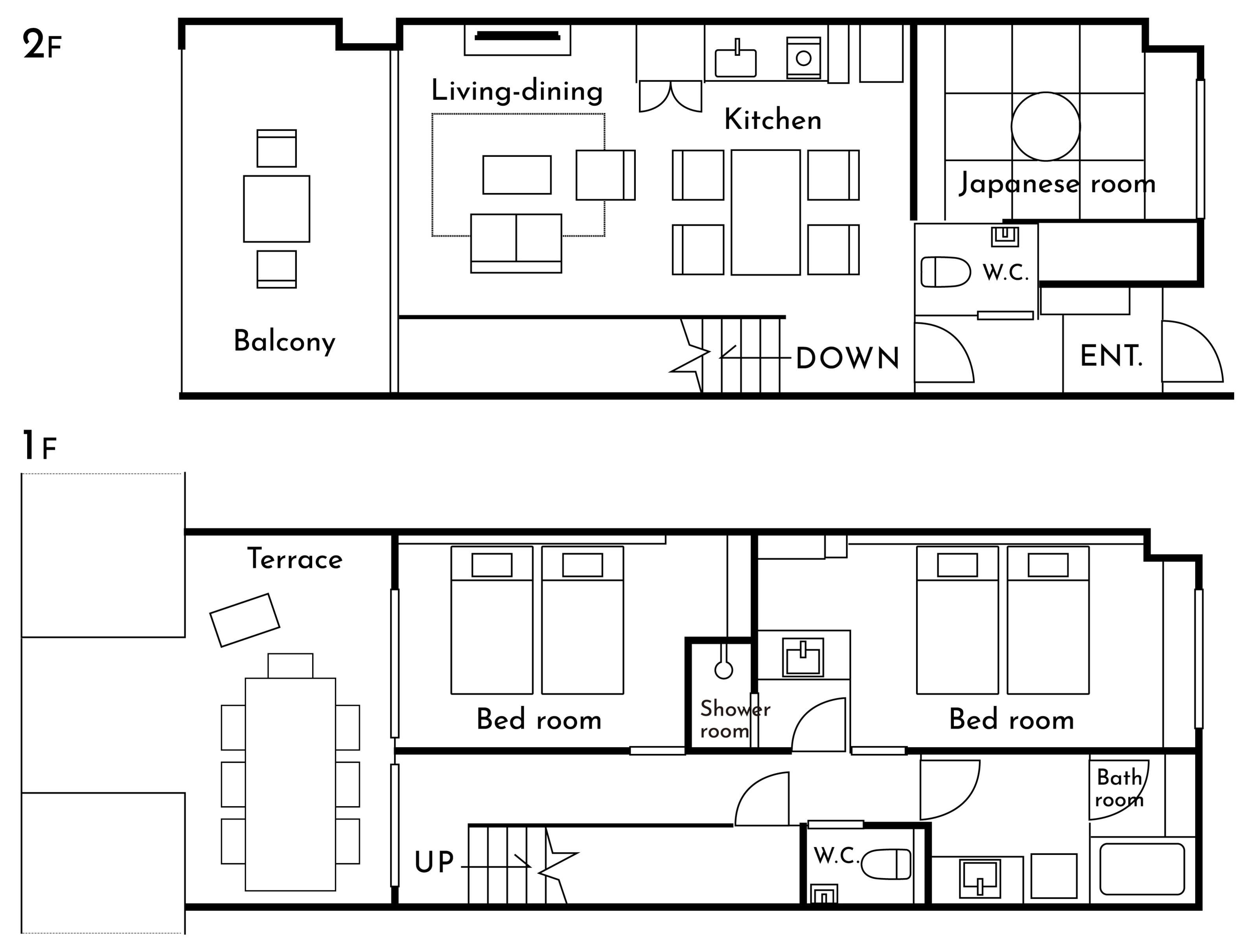 A floor plan with a living-dining area, kitchen, Japanese room, W.C., balcony, terrace, two bed rooms, shower room, and a bathroom.