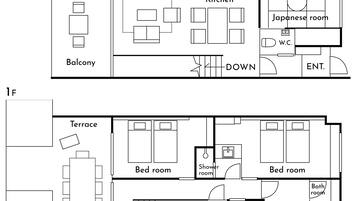Plano de planta que muestra un área de sala-comedor, cocina, habitación japonesa, aseo, balcón, terraza, dos dormitorios, baño con ducha y baño.