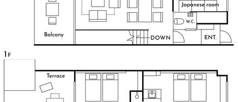 A floor plan with a living-dining area, kitchen, Japanese room, W.C., balcony, terrace, two bed rooms, shower room, and a bathroom.