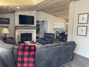 Smart TV, fireplace, video games, DVD player