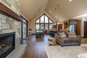 Flat-screen TV, fireplace