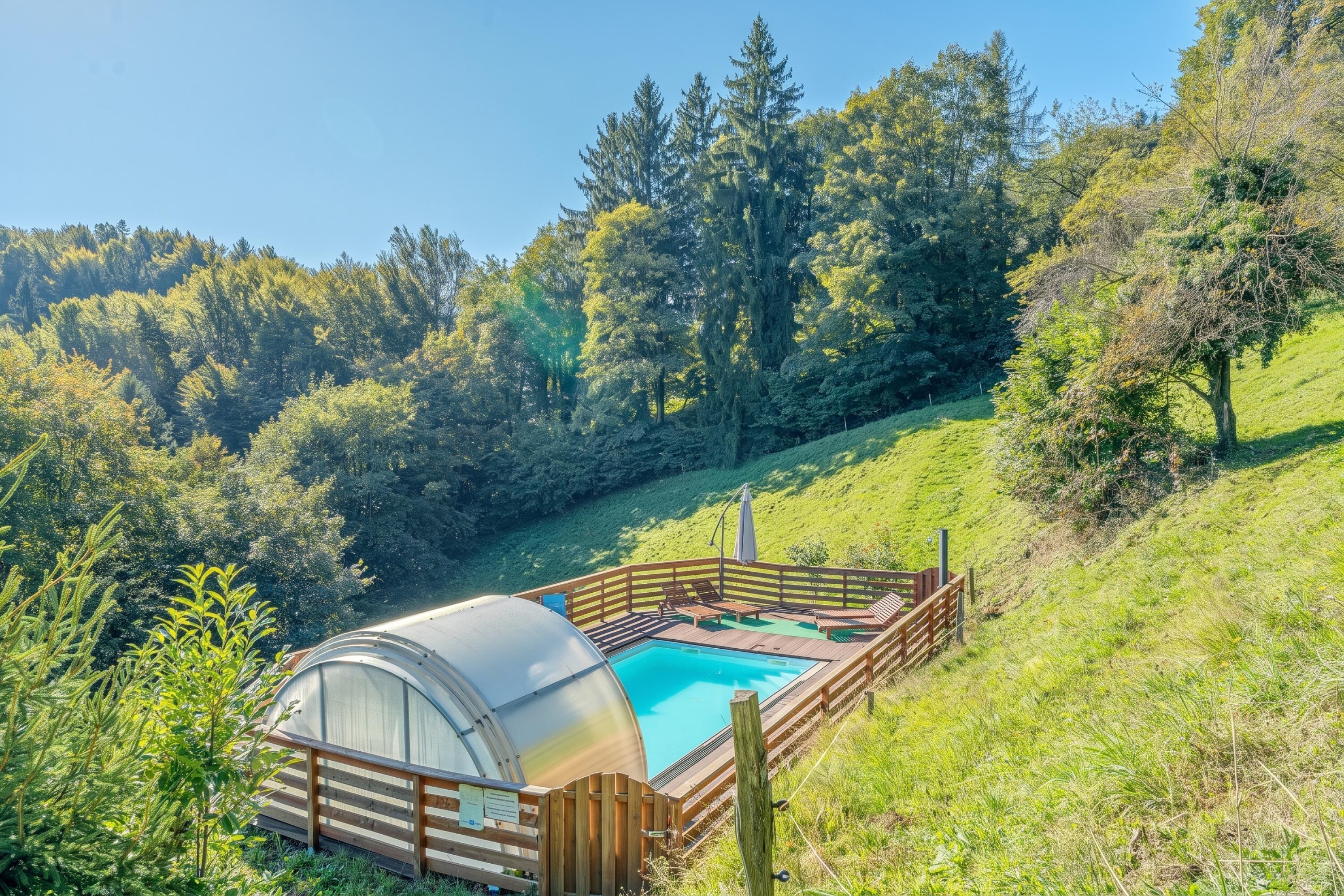 A glass greenhouse with a pool, surrounded by a wooden deck and a wooden fence, set in a forested hillside.