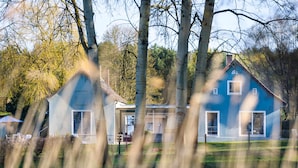 Une maison à deux étages, à l’extérieur bleu, entourée d’arbres et bordée d’une pelouse.