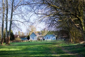 A house with a blue exterior, surrounded by a grassy yard and trees.