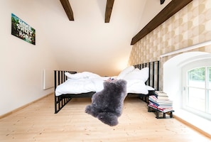 Une chambre à coucher avec un lit, un tapis moelleux et une bibliothèque remplie de livres.