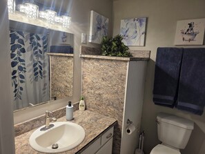 Combined shower/tub, hair dryer, towels, soap