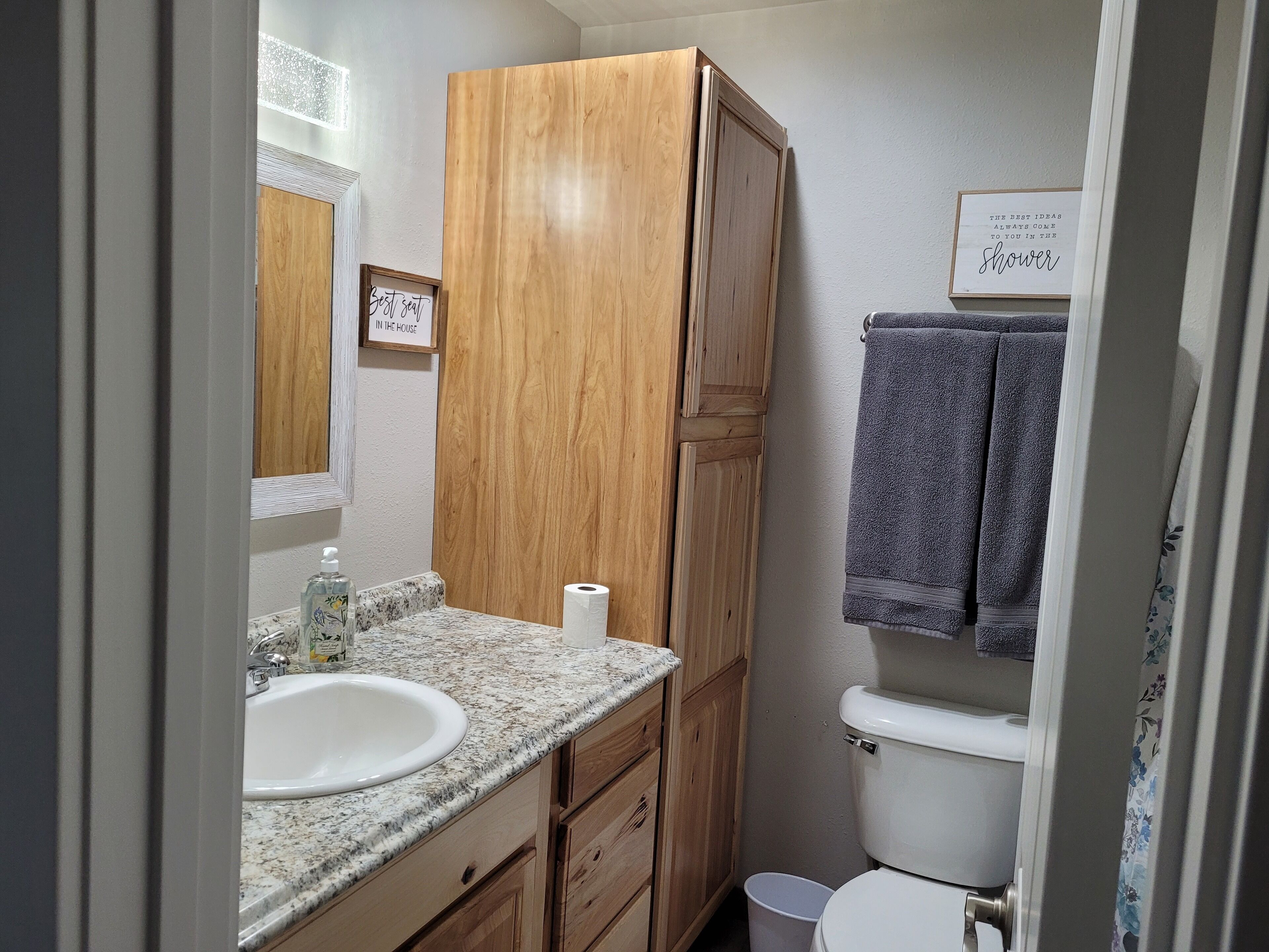 Combined shower/bathtub, hair dryer, towels, soap