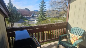A balcony with a grill, a chair, and a view of a parking lot and trees. - Lee's Helena Hideout (Helena)