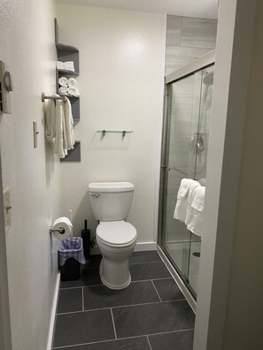 Hair dryer, towels, soap, toilet paper