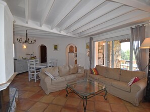 Télévision, cheminée, table de tennis de table, chaîne hi-fi