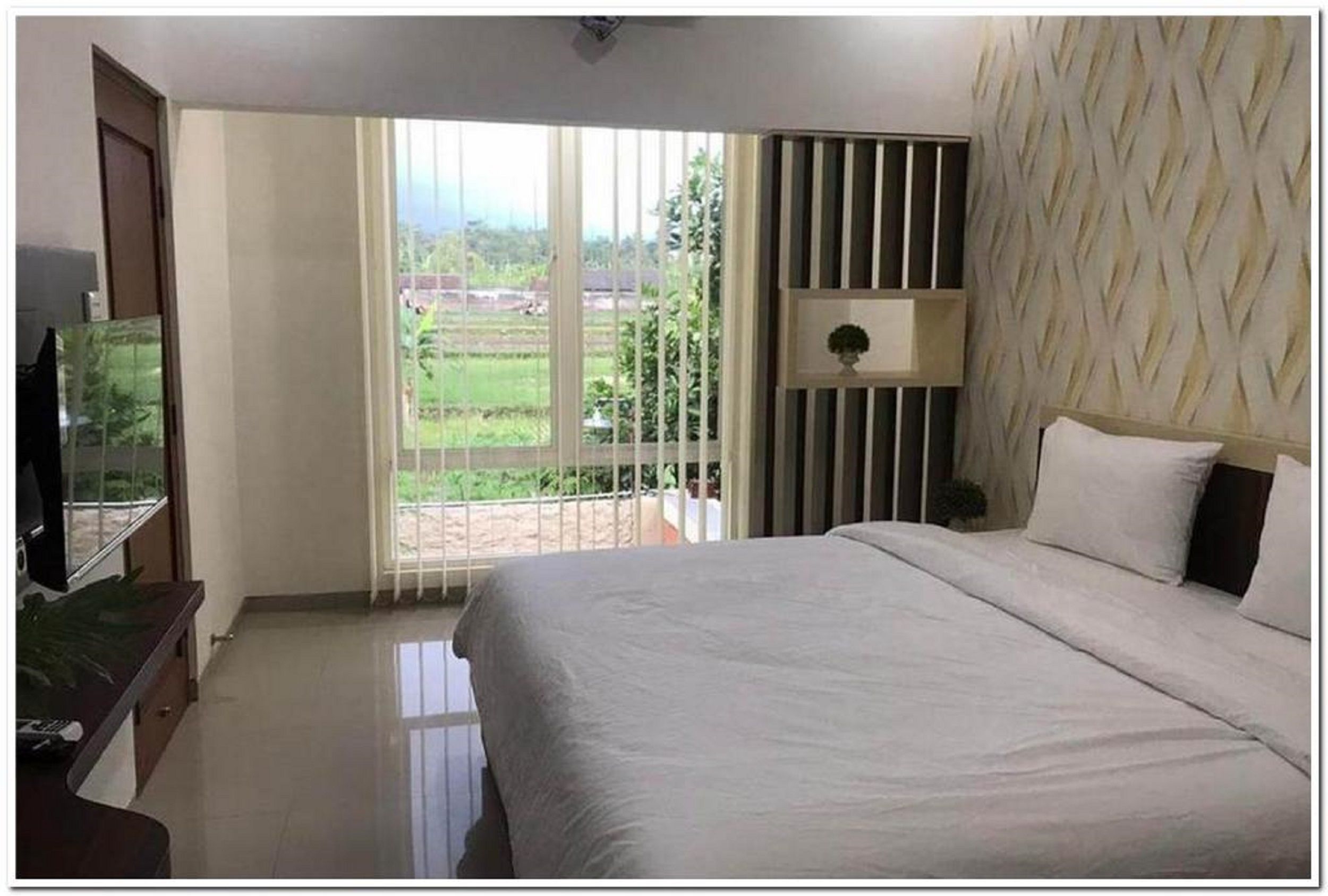 A hotel room with a large bed, a TV on a stand, a decorative wall, and a view of a green landscape through the window.