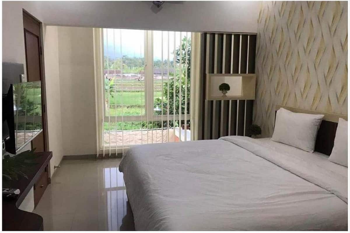 A hotel room with a large bed, a TV on a stand, a decorative wall, and a view of a green landscape through the window.