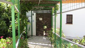 A narrow pathway leading to a door with a sign, surrounded by greenery and a white wall.
