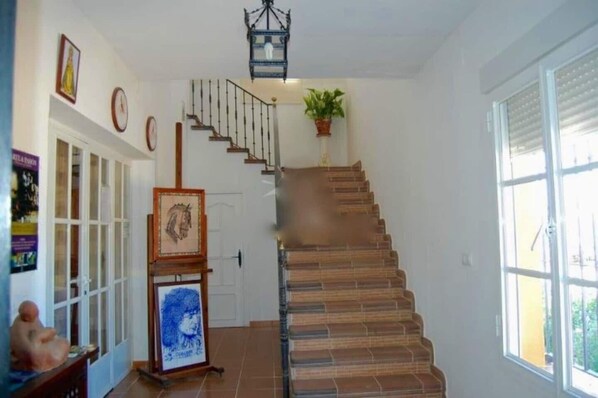 Un escalier muni d’une rampe, un pot de fleurs et des œuvres d’art encadrées accrochées au mur.