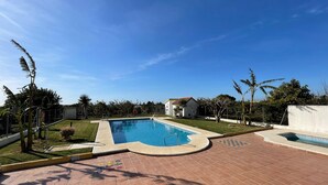 A rectangular swimming pool with a tiled deck, surrounded by a grassy area and palm trees.