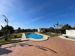 Ein rechteckiger Swimmingpool mit Fliesen umgeben von Rasenflächen und Palmen.