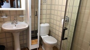 Ein Badezimmer mit einem weißen Waschbecken, einer Toilette und einer Duschkabine aus Glas.