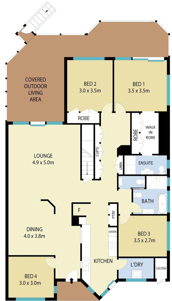 A floor plan with four bedrooms, a covered outdoor living area, a lounge, a dining area, a kitchen, a bathroom, and a sauna.