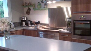 Une cuisine moderne dotée d’un grand îlot central, de tabourets de bar, d’appareils électroménagers en acier inoxydable et d’une plante suspendue.