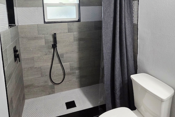 Combined shower/tub, hair dryer, towels, soap