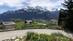 A rural landscape with a paved area in the foreground, surrounded by greenery and flowers. In the background, there are snow-capped mountains and a few buildings. - Renovated 3 Rooms Apartment in Ruschein Near Laax (Ilanz)