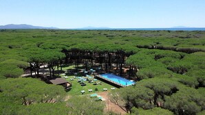 Eine Vogelperspektive zeigt einen luxuriösen Urlaubsort mit Poolanlage, umgeben von dichtem Grün und Bäumen.