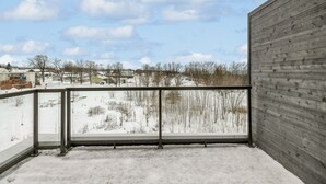 A balcony with a view of a snowy landscape and houses in the distance.