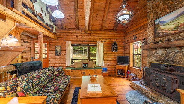 Ein gemütliches Blockhaus-Interieur mit Holzausstattung, Kamin, einer Couch, einem Tisch und einem Fernseher.