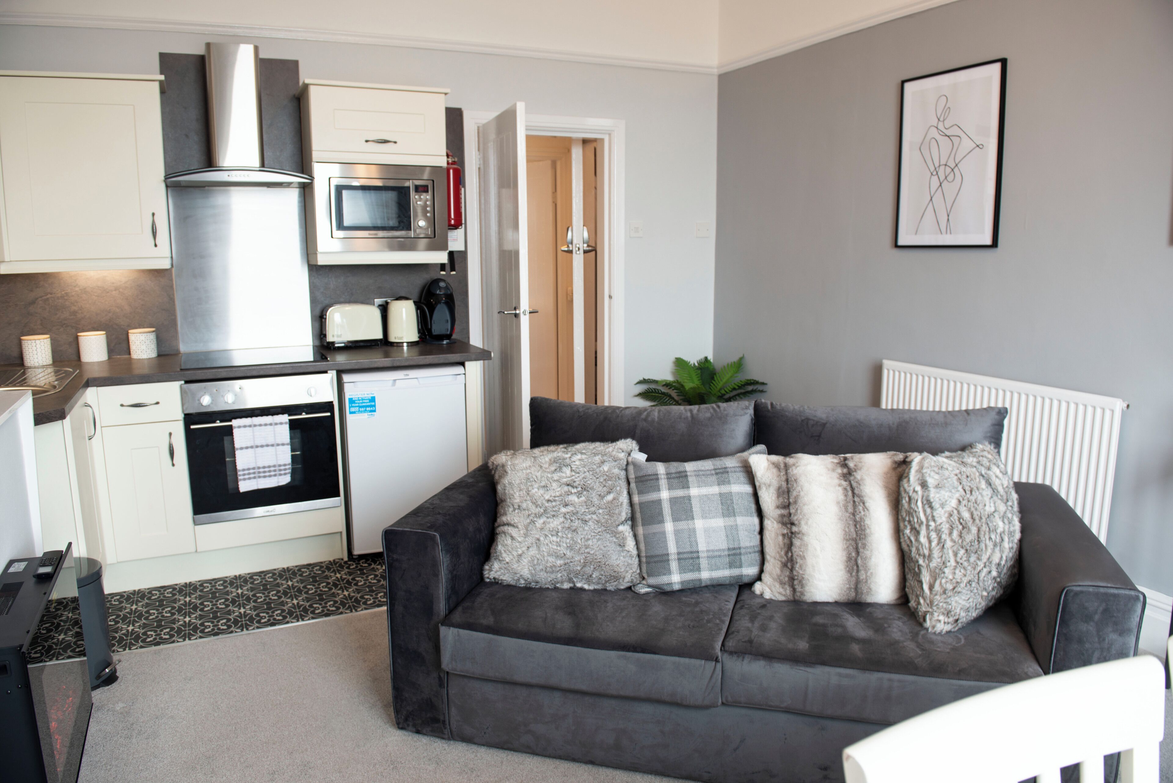 A compact living space with a kitchenette, grey sofa with patterned cushions, a potted plant, and a framed artwork on the wall.