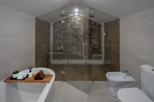Family Studio Suite | Bathroom | Hair dryer, towels, soap, shampoo