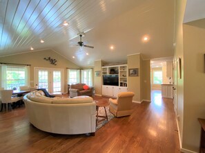 TV, fireplace, table football, books