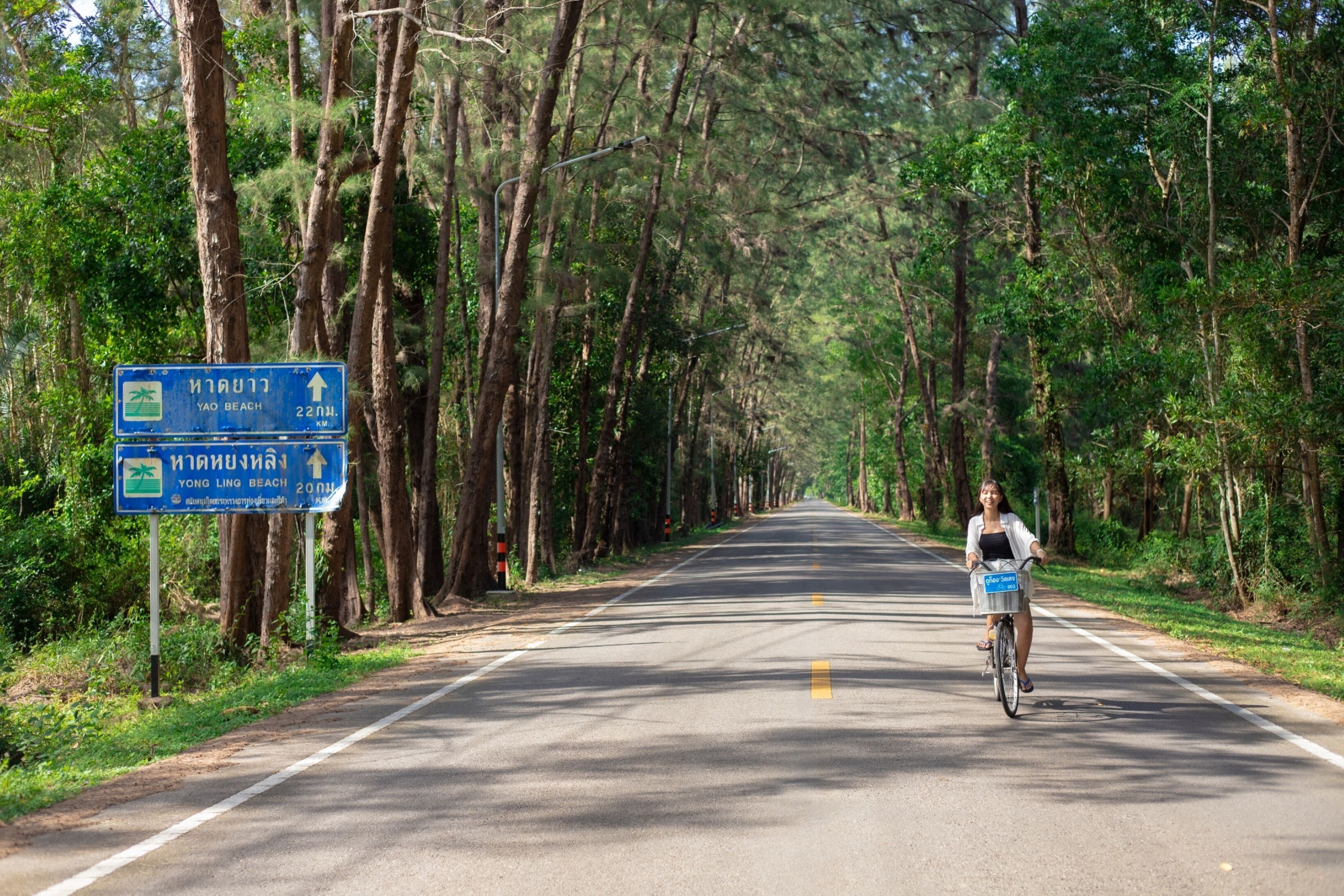 A road flanked by trees with a cyclist and directional signs indicating Yao Beach and Yong Ling Beach.