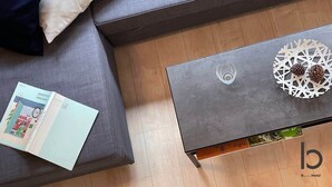 A modern living room with a grey sofa, a coffee table with decorative items, and a magazine on the sofa.