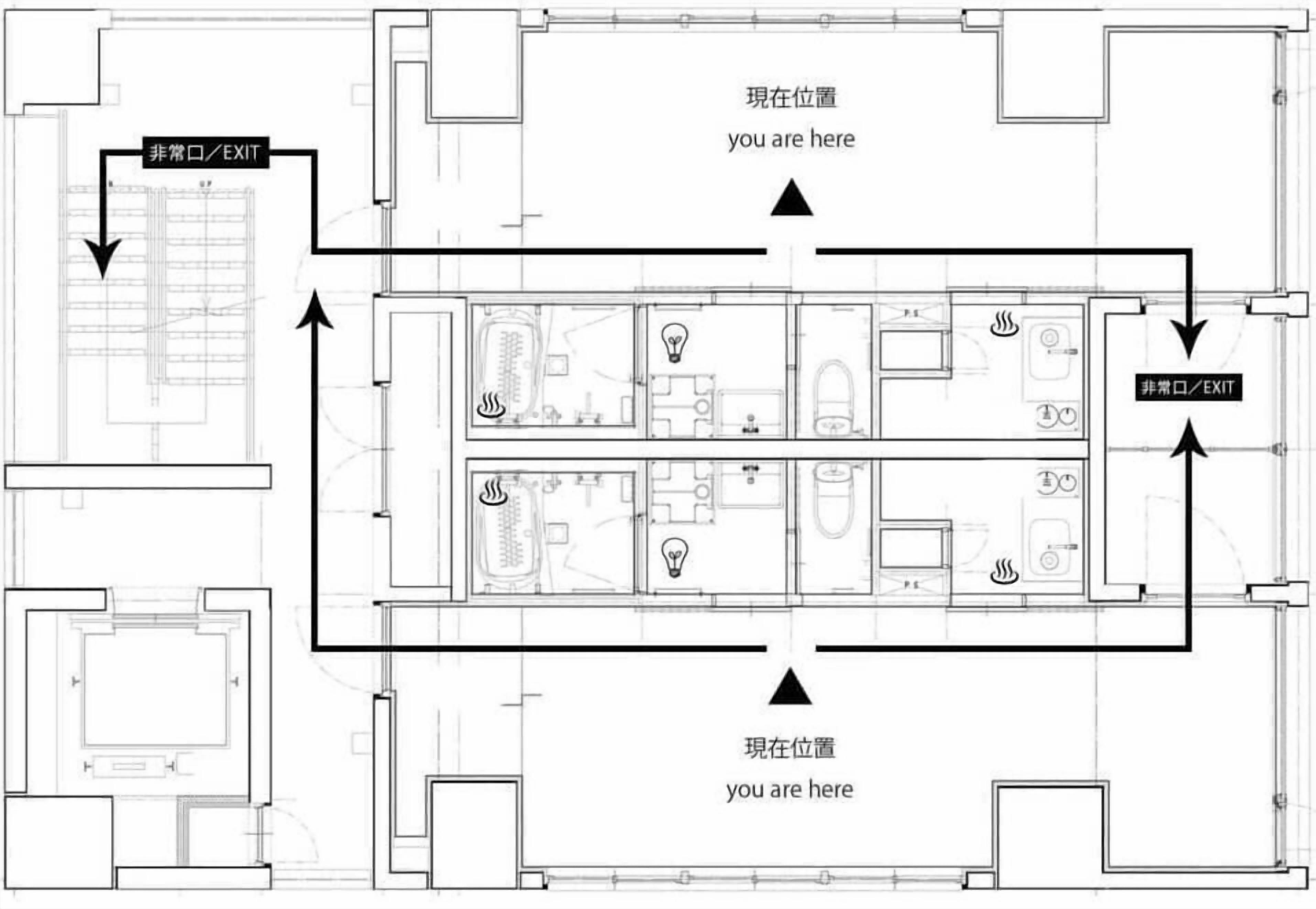 Plano de planta de un hotel que muestra varias habitaciones, dos salidas y una zona central con una lámpara.