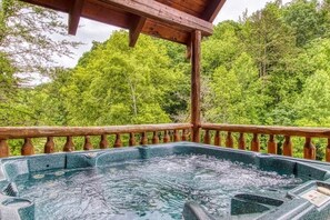 Outdoor spa tub - Dreamy Forest Home, 2 Decks, Hot Tub, Outdoor Pool | 10 Mins to Broadway, Perfect for Groups, 24 Hour Hospitality, Sleep 10 w/ Wraparound Deck, Scenic Views & Access to Resort Pool,  Near The Parkway, Tanger Outlets & Dollywood (Pigeon Forge)