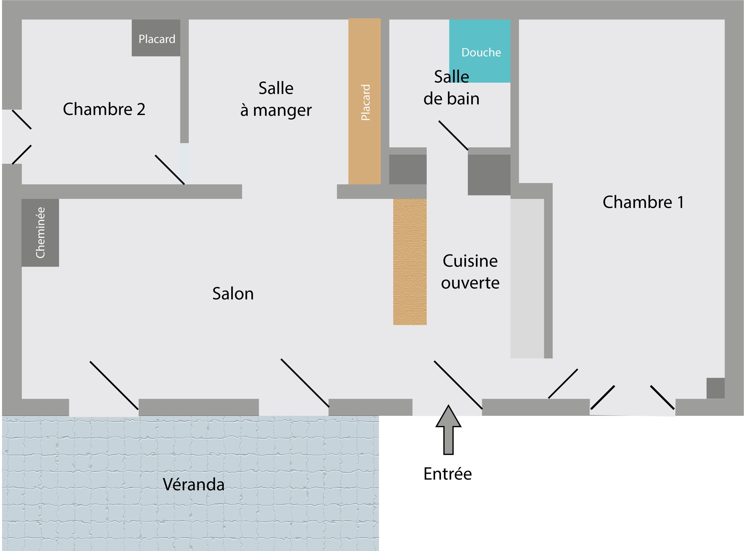 Ein Grundriss eines Hotels mit Schwimmbad, Essbereich, Küche und zwei Schlafzimmern.