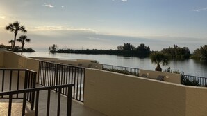 A balcony with a view of a calm body of water, palm trees, and a clear sky.